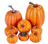 Ywlake Package of 8 Pcs Large Assorted Sizes Autumn Harvest Orange Artificial Pumpkins for Fall Halloween Thanksgiving Decorating Embellishing and Displaying