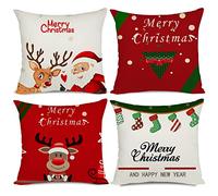 Ywlake Set of 4 Christmas Cushion Covers 20x20, Merry Christmas Series Cartoons Pattern Cotton Linen Decorative Throw Pillow Covers Cases Cushion for Sofa