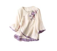 YWLINK Blouses for Women Linen Tops Summer 3/4 Sleeve Chinese Frog Blouses Traditional Mandarin Embroidered Shirts Silky Women (g-White, XXXL)