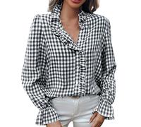 YWLINK Ladies Long Tops to wear with Leggings Womens Plaid Blouse Neck Button Down Plaid Puff Long Sleeve Gingham Blouse Shirts (Black, XL)