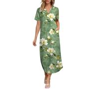 YWLINK Wrinkle Dress for Women Women's Summer Casual Maxi Dress Short Sleeves V Neck Loose Split Long Beach Shirt Dress Vacation (6-Green, M)