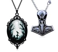 YWMAN 2pcs Gothic Pendant Necklaces, Viking Raven Skull and Crow Cross Cameo Neckalce Set, Witch Norse Jewelry Gift for Men Women