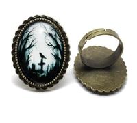 YWMAN Raven Cross Glass Cabochon Ring, Antique Bronze Adjustable Band, Oval Shape
