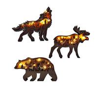 YWNYT 3pcs 3D Forest Animal Wooden Statue Craft Wall Art Decor, Wooden Deer/Wolf/Bear Desktop Decor Wood Carving Ornament with Lights for Home Cafe Terrace