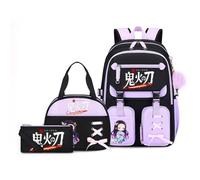 YWOIHL Anime Style Backpack Set for Girls Cute Cartoon Backpack with Lunch Box Pencil Case School Bookbag for Teens (Black Purple)