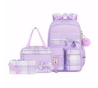 YWOIHL Cute School Backpack with Lunch Bag Pencil Case Elementary Middle Bookbag for Kids Bow Plaid Schoolbag Set for Girls (Purple)