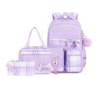 YWOIHL Cute School Backpack with Lunch Bag Pencil Case Elementary Middle Bookbag for Kids Bow Plaid Schoolbag Set for Girls (Purple)