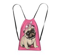 YWPCOIUYB Cartoon Pink Bow Pug, Drawstring Sackpack Unisex String Bag Sport Gym Bag Casual Daypack Foldable Drawstring Backpack