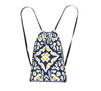 YWPCOIUYB Navy And Yellow Mediterranean Tile Pattern, Drawstring Sackpack Unisex String Bag Sport Gym Bag Casual Daypack Foldable Drawstring Backpack