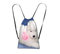 YWPCOIUYB Samoyed Puppy White Dogs Puppy With Bow Furry, Drawstring Sackpack Unisex String Bag Sport Gym Bag Casual Daypack Foldable Drawstring Backpack