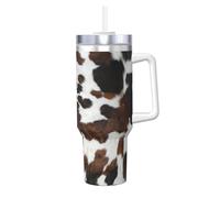 YWSOTRE Cowhide Tan Black and White Texture,40OZ Ice Bully Cup with Handle Stainless Steel Mug Water Bottle