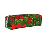 YWSOTRE Red Poppy Field Farm Meadow Landscape Print, Pencil Pouch Pen Case Portable Leather Pencil Bag with Zipper Cosmetic Pouch Bag