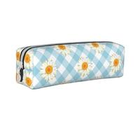 YWSOTRE Retro Daisies Flowers Blue Check Pattern, Pencil Pouch Pen Case Portable Leather Pencil Bag with Zipper Cosmetic Pouch Bag