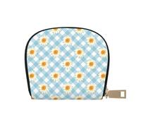 YWSOTRE Retro Daisies Flowers Blue Check Pattern, Pu Leather Shell Card Bag Stylish Credit Card Holder Wallet Card Case