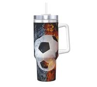 YWSOTRE Soccer Ball On Fire Water,40OZ Ice Bully Cup with Handle Stainless Steel Mug Water Bottle