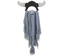 YWTAENOH Funny Beanie Hat Handmade Knit Wig Hat Beard Facemask Beard Hats Viking Looter Knit Helmet with Removable Beard (Light Grey)