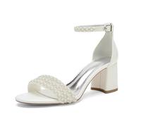 YWXYMGE Pearl Block Heel Sandals Wedding Open Toe Ankle Strap Evening Shoes for Summer Party, Ivory 2 4 Inches, 7 UK