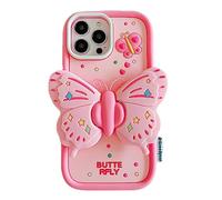 YWYUHE Pink Butterfly Phone Case Compatible with iPhone 15 Pro Max, Cute 3D Korea Dopamine Butterfly Case with Butterfly Wings Folding Stand Shockproof Silicone Soft Case