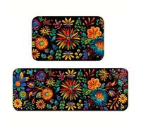 YWZDS Mexican Floral Kitchen Rugs Set of 2, Colorful Kitchen Mats with Rubber Backing Non Slip Washable, Cinco De Mayo Gift, 17" x 29 + 17" x 47"