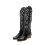 YXADGML Cowboy Boots For Women Embroider Western Cowboy Boots For Women Fashion Knee High Boot Shoes Wedge Heels Footwear Shoes Large Size 45 50(Black,51)