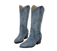 YXADGML Cowboy Boots For Women Pointed Toe Knee-High Boots Women Fashion Embroidery Western Square High Heels Shoes(Dark Blue,39)