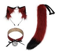 YXBOMG Dark Red Fox Ears Tail Bell Collar Set Wolf Cat Soft Fluffy Animal Halloween Role Play Party Props Dress Up Costume