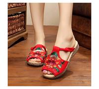 YXCKG Women's Chinese Embroidered Shoes, Home Indoor Outdoor Chinese Style Embroidery Crafts House Shoes, Flax Sandals Slippers Open Toe, Ladies Gifts (Color : Red, Size : EUR37)