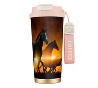 YXDVPALNE Black Horses Red Glowing Clouds Printed,316 Stainless Steel Coffee Mug with Lanyard,Insulated Tumbler Double Wall Travel Car Cup 500 ml