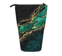 YXDVPALNE Black Teal Marble Green Malachite with Golden Veins Gold Spots,Telescopic Pencil Case,Stand Pencil Holder with Zipper Pencil Pouch Pen Bag