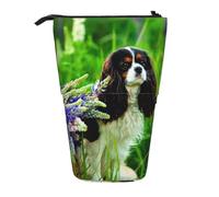 YXDVPALNE Cavalier King Charles Spaniel Dog Lupin Flowers,Telescopic Pencil Case,Stand Pencil Holder with Zipper Pencil Pouch Pen Bag