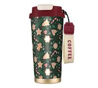 YXDVPALNE Christmas Candy Cane Gingerbread On Green Background,316 Stainless Steel Coffee Mug with Lanyard,Insulated Tumbler Double Wall Travel Car Cup 500 ml