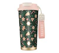 YXDVPALNE Christmas Candy Cane Gingerbread On Green Background,316 Stainless Steel Coffee Mug with Lanyard,Insulated Tumbler Double Wall Travel Car Cup 500 ml