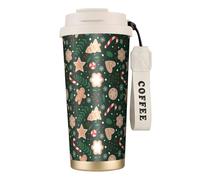 YXDVPALNE Christmas Candy Cane Gingerbread On Green Background,316 Stainless Steel Coffee Mug with Lanyard,Insulated Tumbler Double Wall Travel Car Cup 500 ml