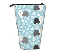 YXDVPALNE Old English Sheepdog Background with Hand Drawn Paws Cute Cartoon,Telescopic Pencil Case,Stand Pencil Holder with Zipper Pencil Pouch Pen Bag