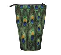 YXDVPALNE Peacock Tail Feathers,Telescopic Pencil Case,Stand Pencil Holder with Zipper Pencil Pouch Pen Bag
