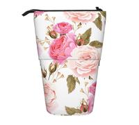 YXDVPALNE Pink and White Rose,Telescopic Pencil Case,Stand Pencil Holder with Zipper Pencil Pouch Pen Bag