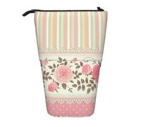 YXDVPALNE Pink Floral Polka Dots Neutral Striped Combo Vintage Shabby Chic Flower Lace Pattern,Telescopic Pencil Case,Stand Pencil Holder with Zipper Pencil Pouch Pen Bag