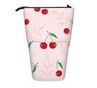 YXDVPALNE Pink Red Cherry Leaf,Telescopic Pencil Case,Stand Pencil Holder with Zipper Pencil Pouch Pen Bag