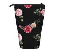 YXDVPALNE Pink Red Roses Vintage Floral On Black Pattern,Telescopic Pencil Case,Stand Pencil Holder with Zipper Pencil Pouch Pen Bag