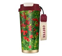 YXDVPALNE Red Poppy Field Farm Meadow Landscape Print,316 Stainless Steel Coffee Mug with Lanyard,Insulated Tumbler Double Wall Travel Car Cup 500 ml