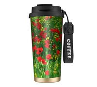 YXDVPALNE Red Poppy Field Farm Meadow Landscape Print,316 Stainless Steel Coffee Mug with Lanyard,Insulated Tumbler Double Wall Travel Car Cup 500 ml