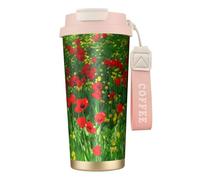 YXDVPALNE Red Poppy Field Farm Meadow Landscape Print,316 Stainless Steel Coffee Mug with Lanyard,Insulated Tumbler Double Wall Travel Car Cup 500 ml
