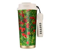 YXDVPALNE Red Poppy Field Farm Meadow Landscape Print,316 Stainless Steel Coffee Mug with Lanyard,Insulated Tumbler Double Wall Travel Car Cup 500 ml