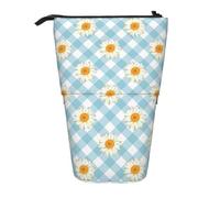 YXDVPALNE Retro Daisies Flowers Blue Check Pattern,Telescopic Pencil Case,Stand Pencil Holder with Zipper Pencil Pouch Pen Bag