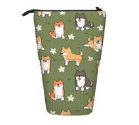YXDVPALNE Shiba Inu Dog Pattern Flower Green Background,Telescopic Pencil Case,Stand Pencil Holder with Zipper Pencil Pouch Pen Bag