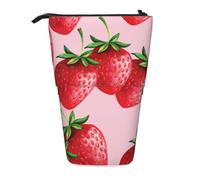 YXDVPALNE Strawberries with Pink Background,Telescopic Pencil Case,Stand Pencil Holder with Zipper Pencil Pouch Pen Bag