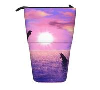 YXDVPALNE Sunset Dolphins,Telescopic Pencil Case,Stand Pencil Holder with Zipper Pencil Pouch Pen Bag