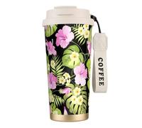 YXDVPALNE Tropical Pink Flowers and Jungle Palms,316 Stainless Steel Coffee Mug with Lanyard,Insulated Tumbler Double Wall Travel Car Cup 500 ml