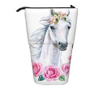 YXDVPALNE White Horse with Pink Floral,Telescopic Pencil Case,Stand Pencil Holder with Zipper Pencil Pouch Pen Bag