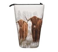 YXDVPALNE Winter Snow Scottish Highland Cow,Telescopic Pencil Case,Stand Pencil Holder with Zipper Pencil Pouch Pen Bag
